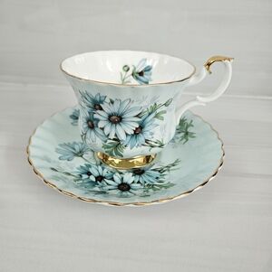 Vintage Royal Albert Blue Floral Teacup & Saucer Set Marguerite Montrose Shape